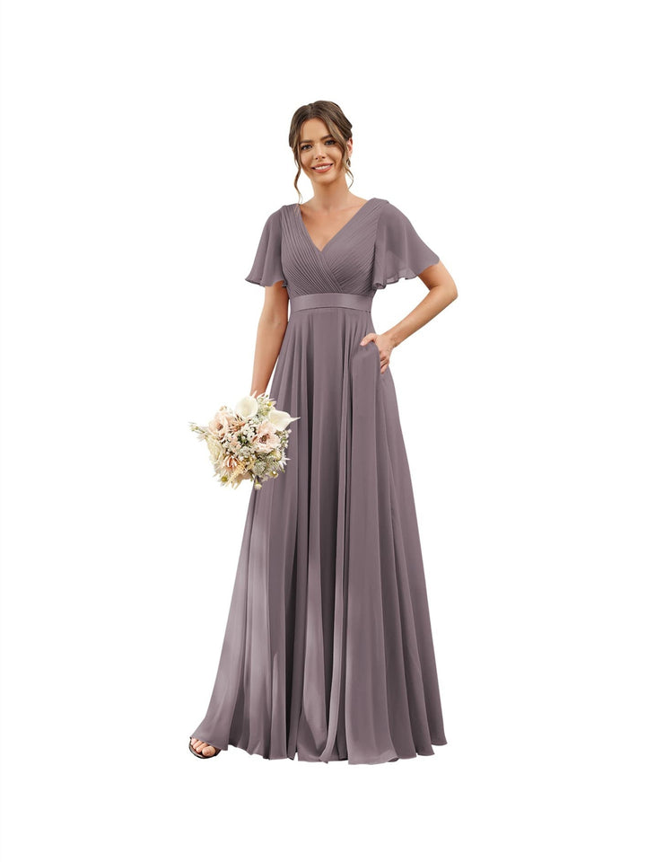 A-Line/Princess  V Neck Flutter Sleeves  Floor Length Bridesmaid Dresses  Chiffon  with Pockets Ruched
