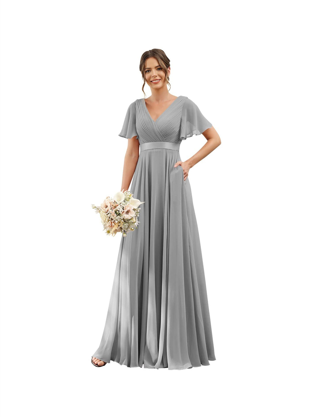 A-Line/Princess  V Neck Flutter Sleeves  Floor Length Bridesmaid Dresses  Chiffon  with Pockets Ruched