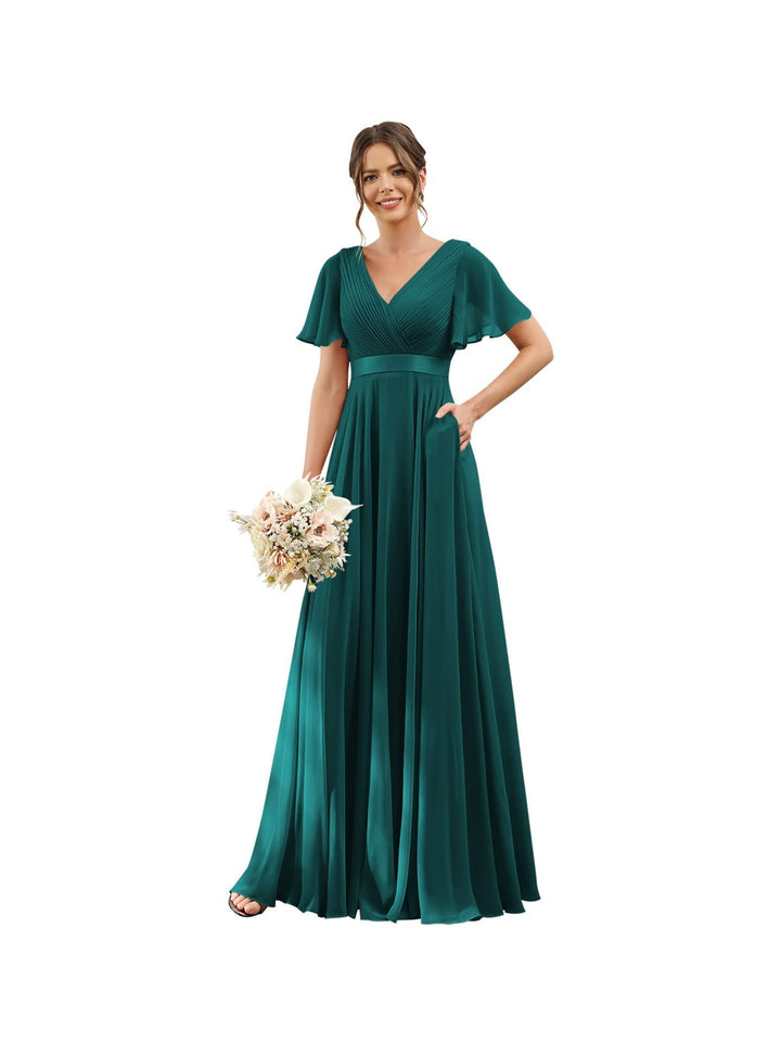 A-Line/Princess  V Neck Flutter Sleeves  Floor Length Bridesmaid Dresses  Chiffon  with Pockets Ruched
