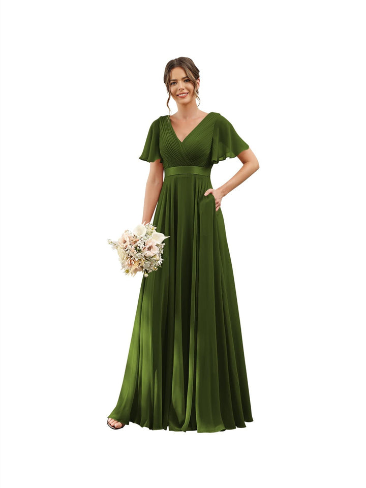 A-Line/Princess  V Neck Flutter Sleeves  Floor Length Bridesmaid Dresses  Chiffon  with Pockets Ruched