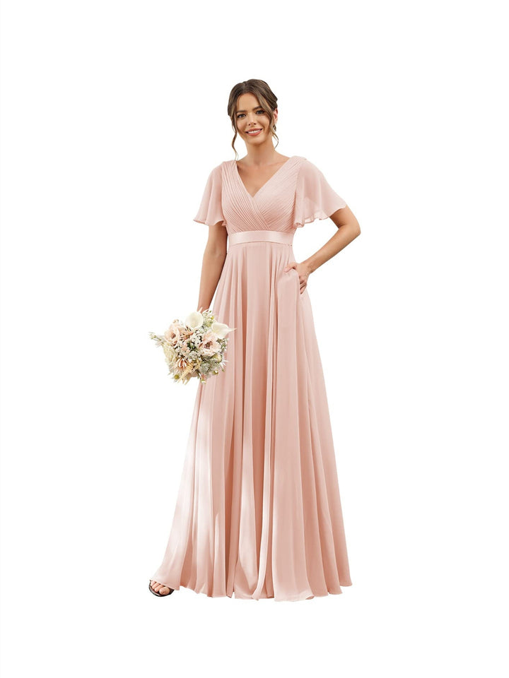 A-Line/Princess  V Neck Flutter Sleeves  Floor Length Bridesmaid Dresses  Chiffon  with Pockets Ruched