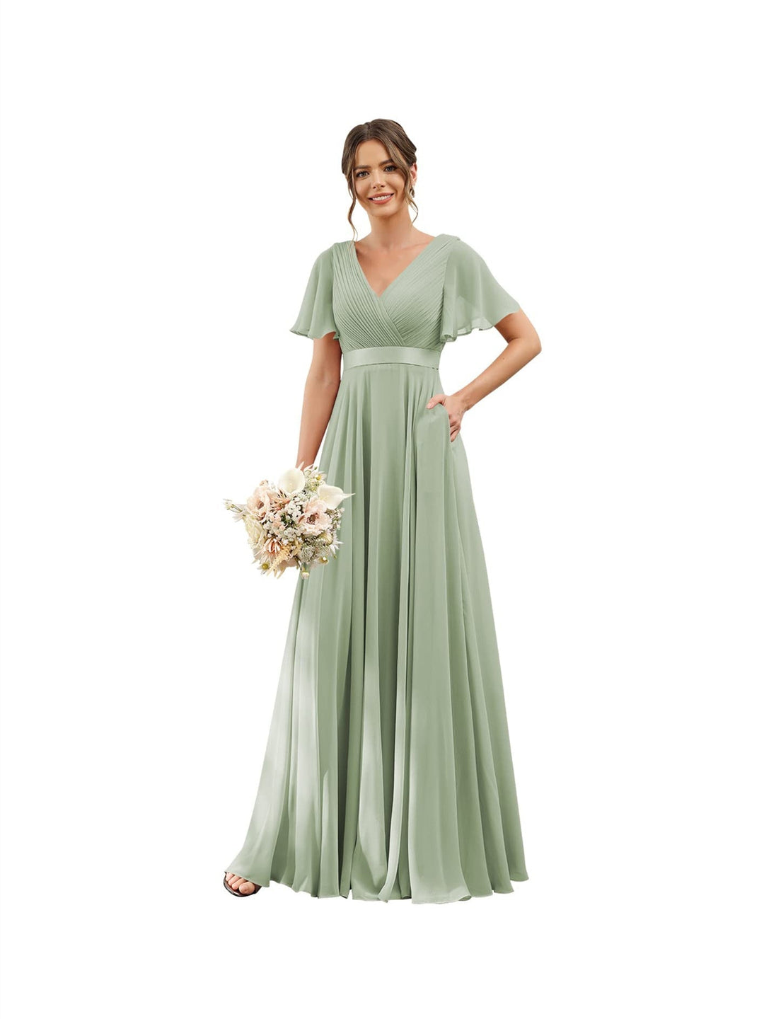 A-Line/Princess  V Neck Flutter Sleeves  Floor Length Bridesmaid Dresses  Chiffon  with Pockets Ruched