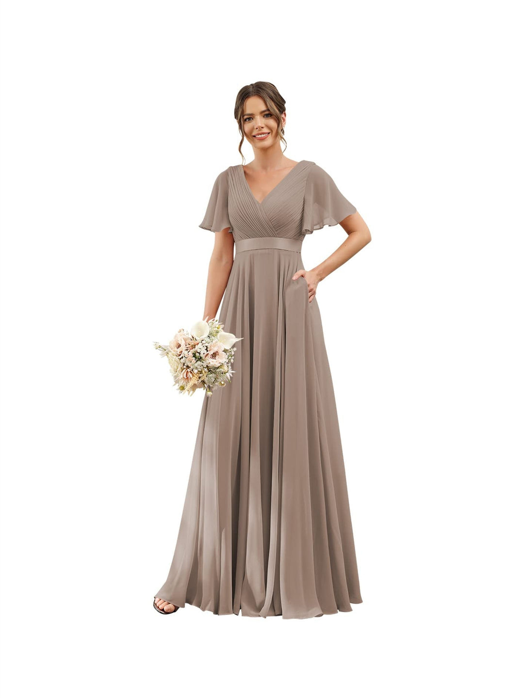 A-Line/Princess  V Neck Flutter Sleeves  Floor Length Bridesmaid Dresses  Chiffon  with Pockets Ruched
