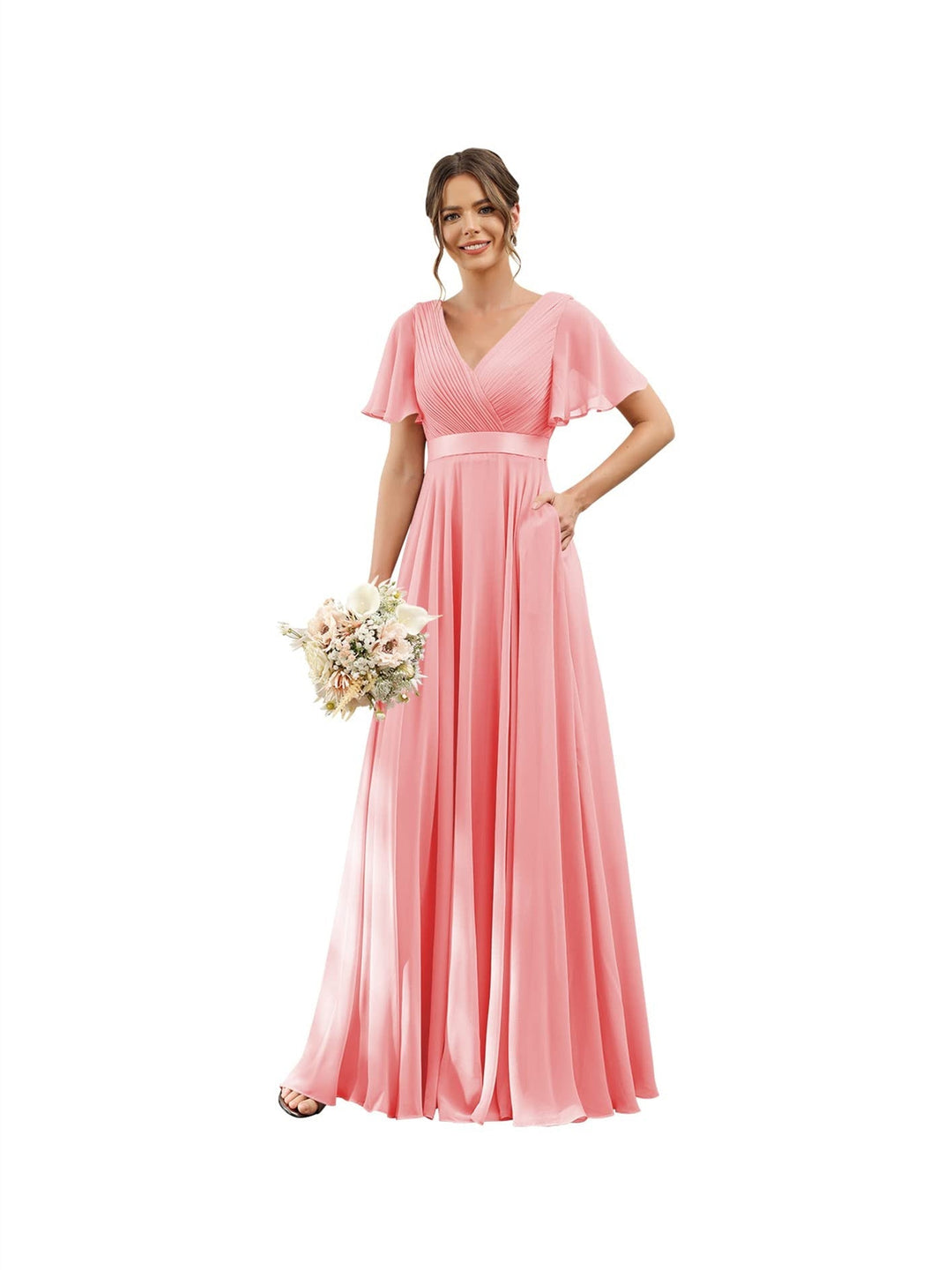 A-Line/Princess  V Neck Flutter Sleeves  Floor Length Bridesmaid Dresses  Chiffon  with Pockets Ruched