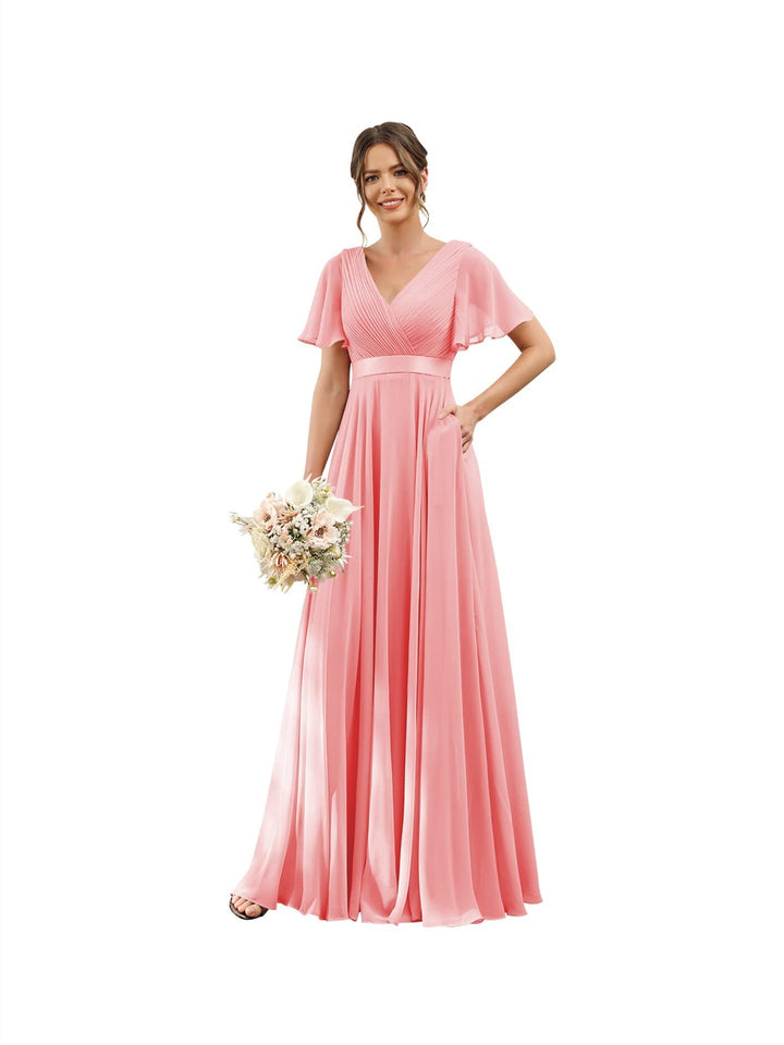 A-Line/Princess  V Neck Flutter Sleeves  Floor Length Bridesmaid Dresses  Chiffon  with Pockets Ruched