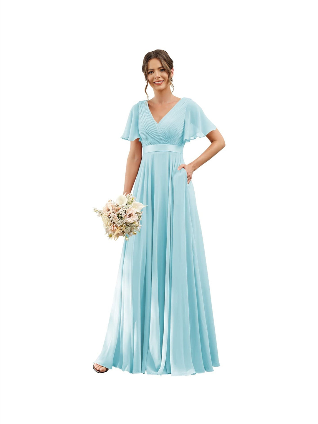 A-Line/Princess  V Neck Flutter Sleeves  Floor Length Bridesmaid Dresses  Chiffon  with Pockets Ruched