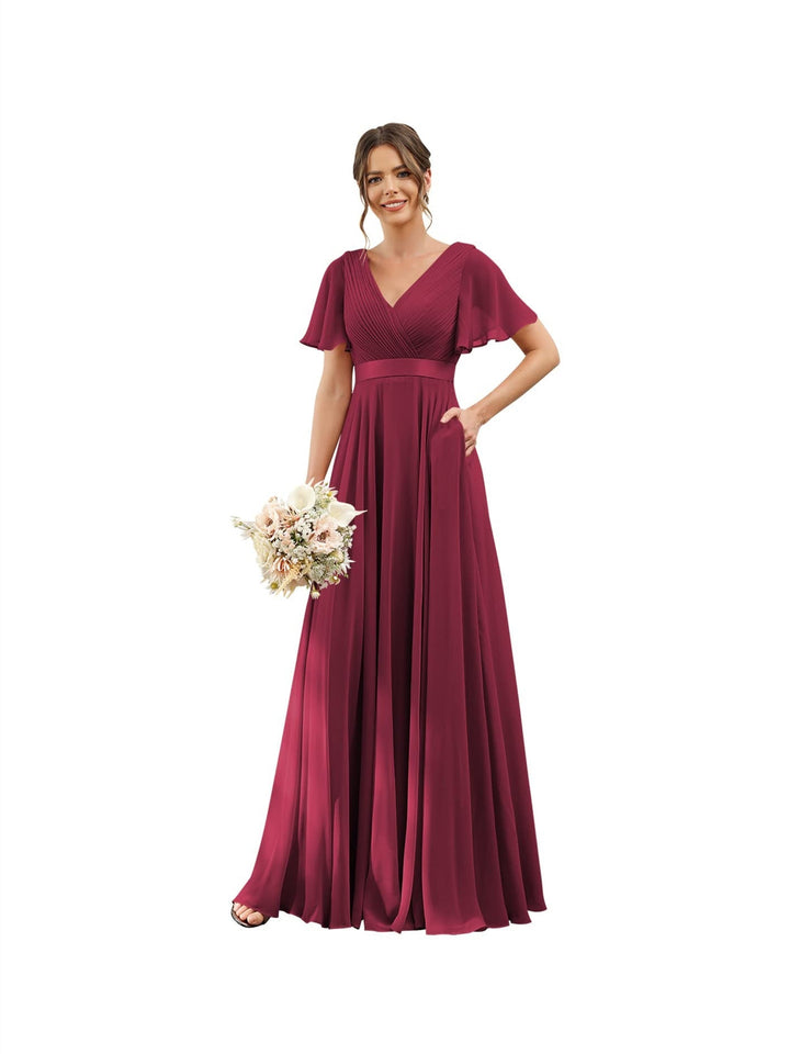 A-Line/Princess  V Neck Flutter Sleeves  Floor Length Bridesmaid Dresses  Chiffon  with Pockets Ruched