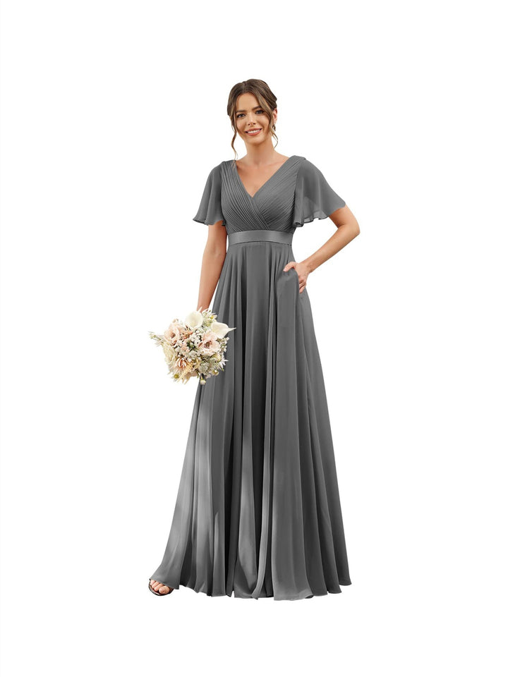 A-Line/Princess  V Neck Flutter Sleeves  Floor Length Bridesmaid Dresses  Chiffon  with Pockets Ruched