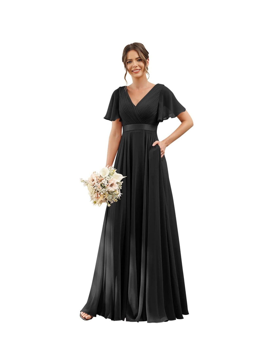 A-Line/Princess  V Neck Flutter Sleeves  Floor Length Bridesmaid Dresses  Chiffon  with Pockets Ruched