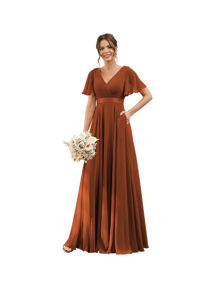 A-Line/Princess  V Neck Flutter Sleeves  Floor Length Bridesmaid Dresses  Chiffon  with Pockets Ruched