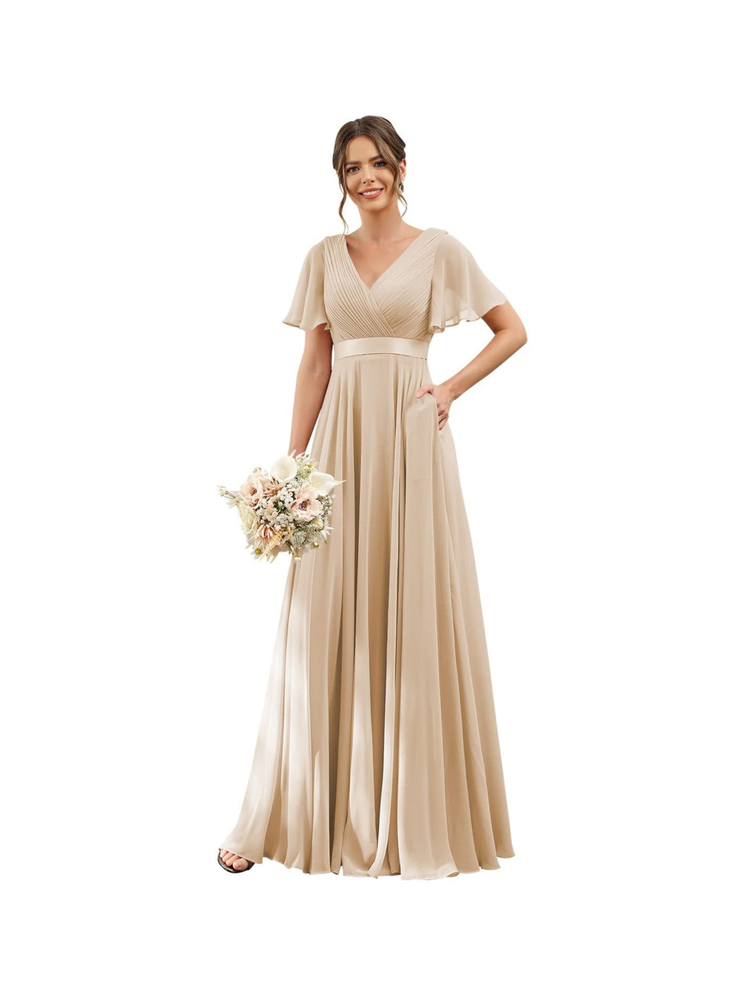 A-Line/Princess  V Neck Flutter Sleeves  Floor Length Bridesmaid Dresses  Chiffon  with Pockets Ruched