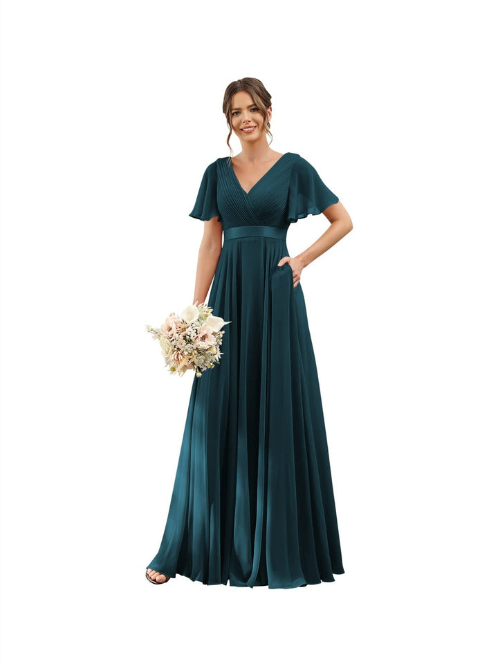 A-Line/Princess  V Neck Flutter Sleeves  Floor Length Bridesmaid Dresses  Chiffon  with Pockets Ruched