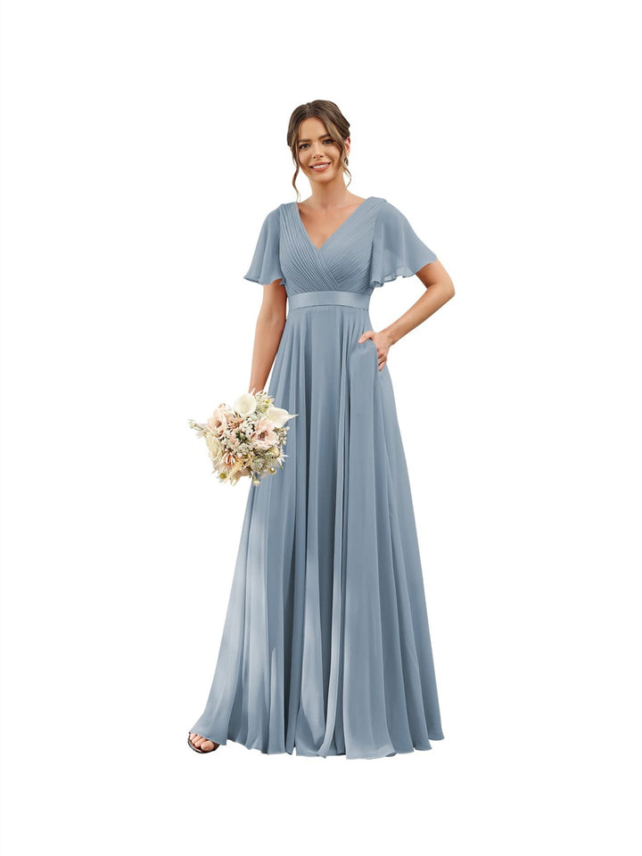 A-Line/Princess  V Neck Flutter Sleeves  Floor Length Bridesmaid Dresses  Chiffon  with Pockets Ruched