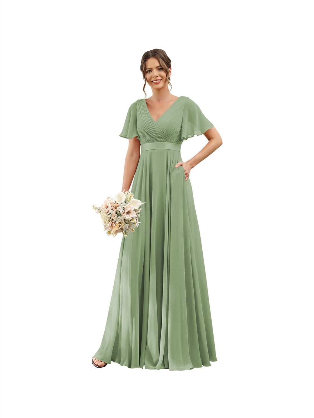 A-Line/Princess  V Neck Flutter Sleeves  Floor Length Bridesmaid Dresses  Chiffon  with Pockets Ruched