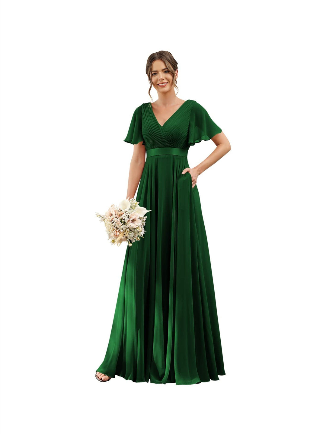A-Line/Princess  V Neck Flutter Sleeves  Floor Length Bridesmaid Dresses  Chiffon  with Pockets Ruched