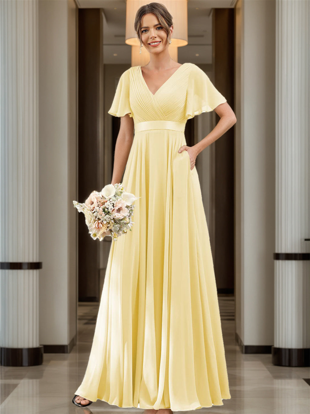 A-Line/Princess  V Neck Flutter Sleeves  Floor Length Bridesmaid Dresses  Chiffon  with Pockets Ruched