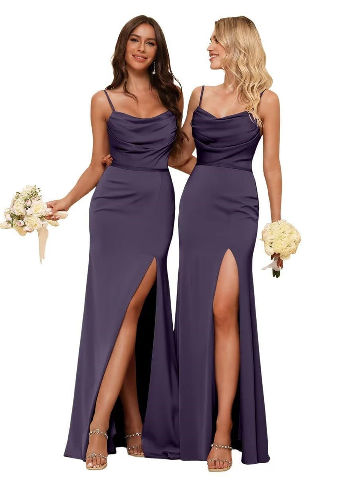 Sheath/Column Spaghetti Straps  Sleeveless Floor Length Bridesmaid Dresses Satin with Ruffles Split