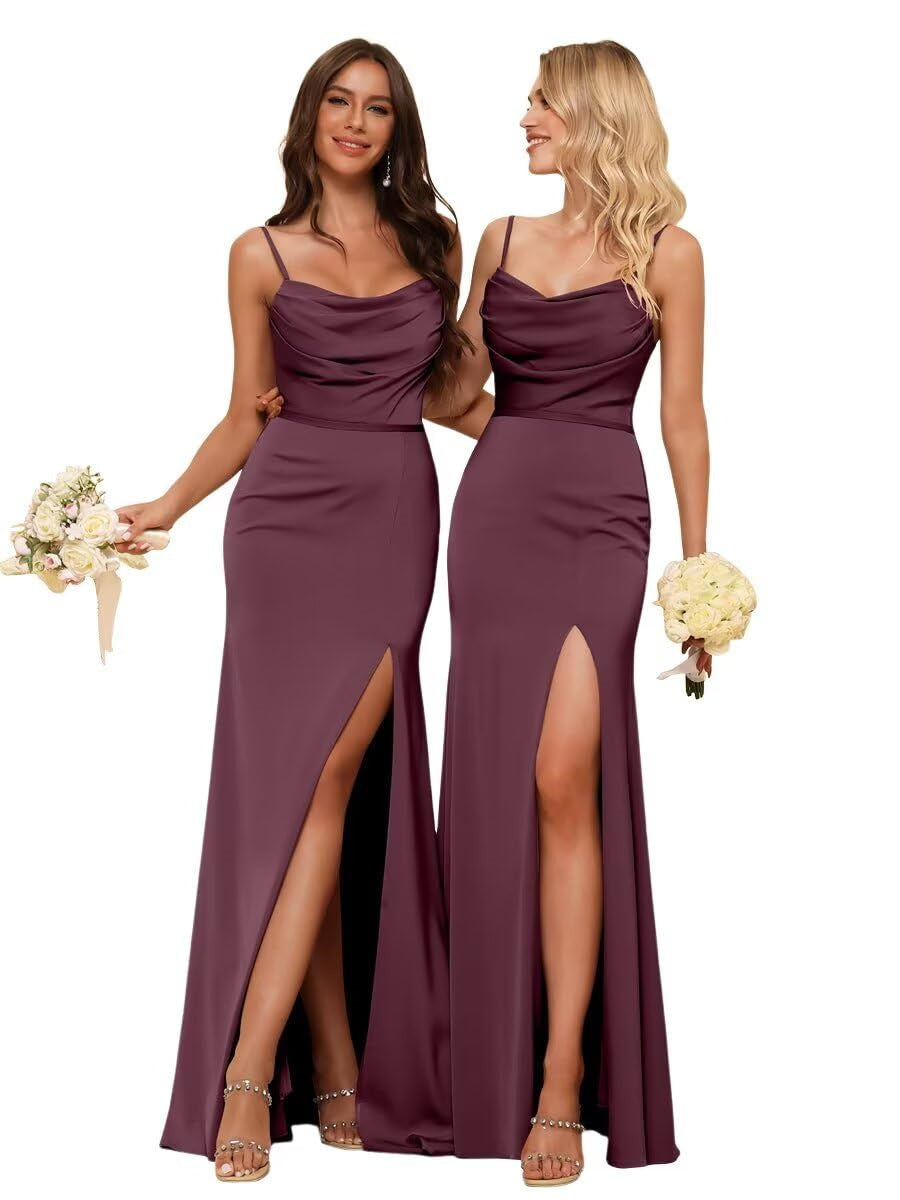 Sheath/Column Spaghetti Straps  Sleeveless Floor Length Bridesmaid Dresses Satin with Ruffles Split