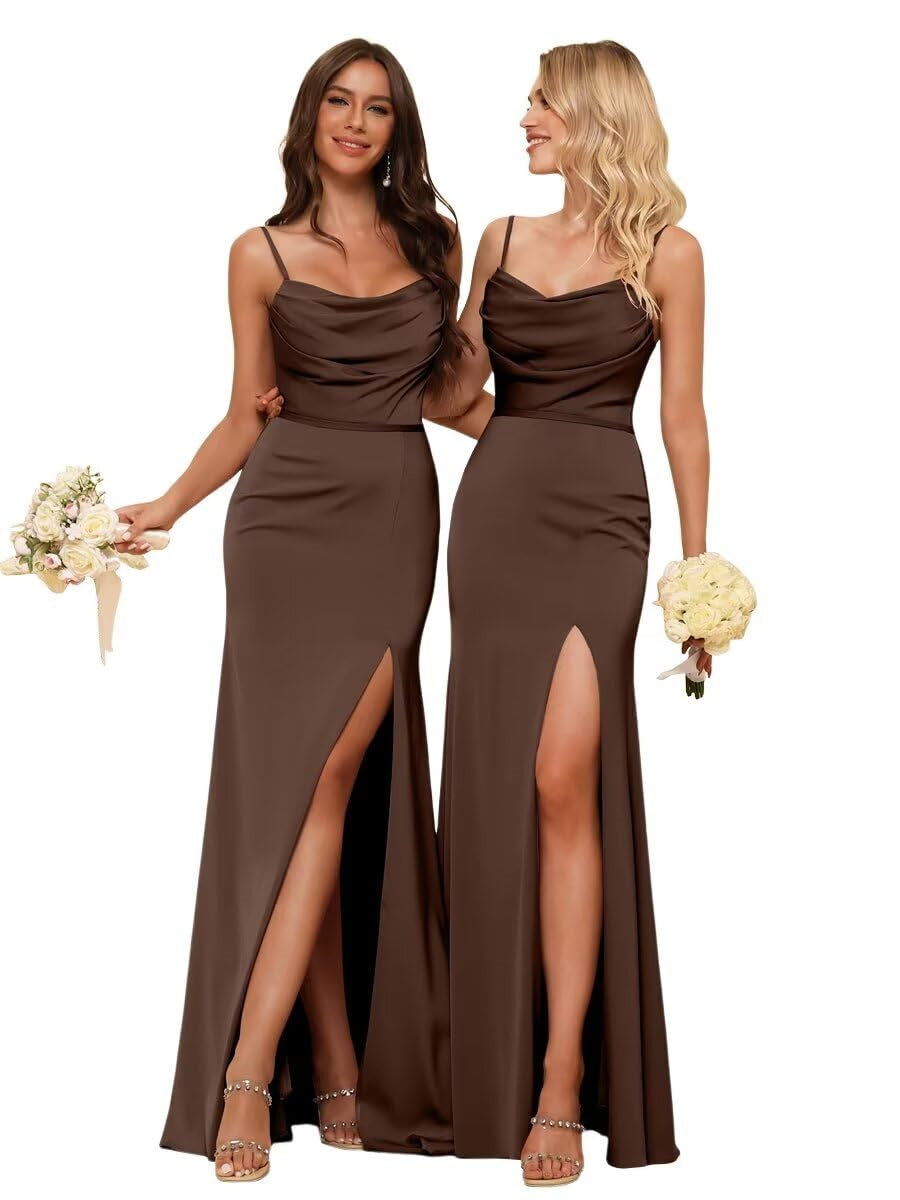 Sheath/Column Spaghetti Straps  Sleeveless Floor Length Bridesmaid Dresses Satin with Ruffles Split