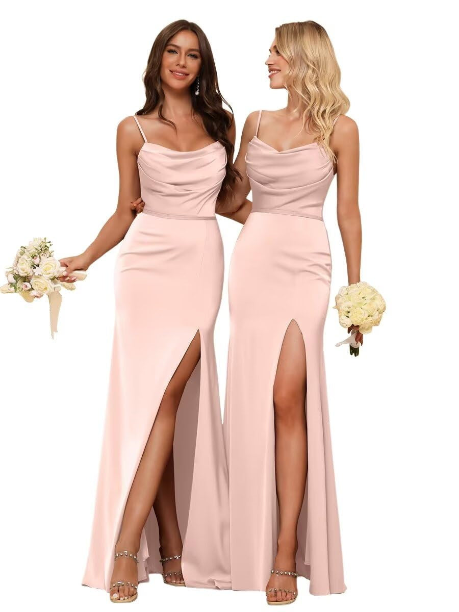 Sheath/Column Spaghetti Straps  Sleeveless Floor Length Bridesmaid Dresses Satin with Ruffles Split