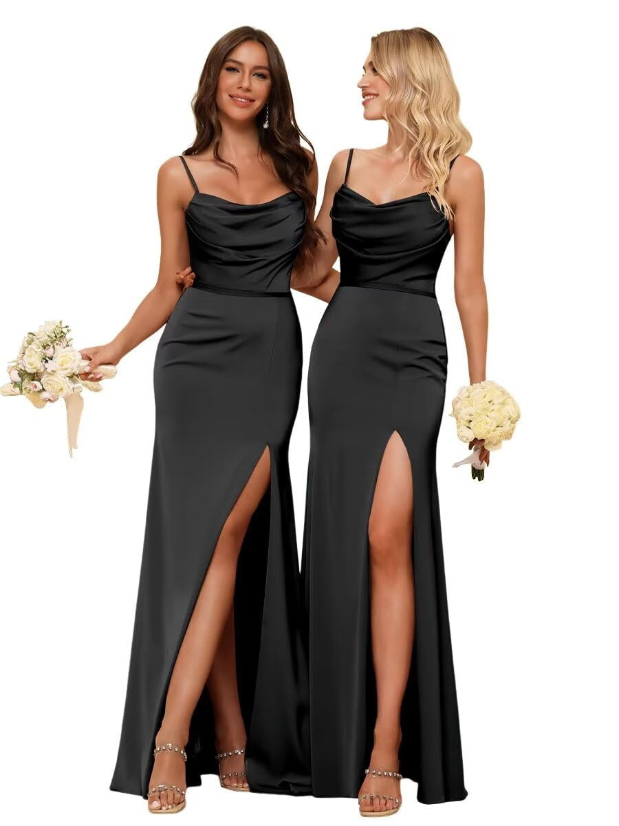 Sheath/Column Spaghetti Straps  Sleeveless Floor Length Bridesmaid Dresses Satin with Ruffles Split