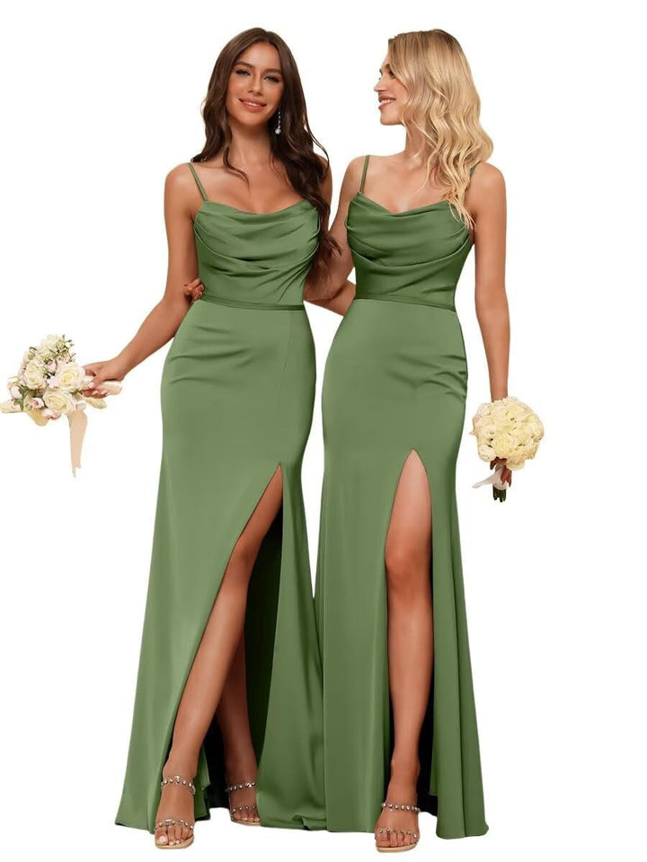 Sheath/Column Spaghetti Straps  Sleeveless Floor Length Bridesmaid Dresses Satin with Ruffles Split