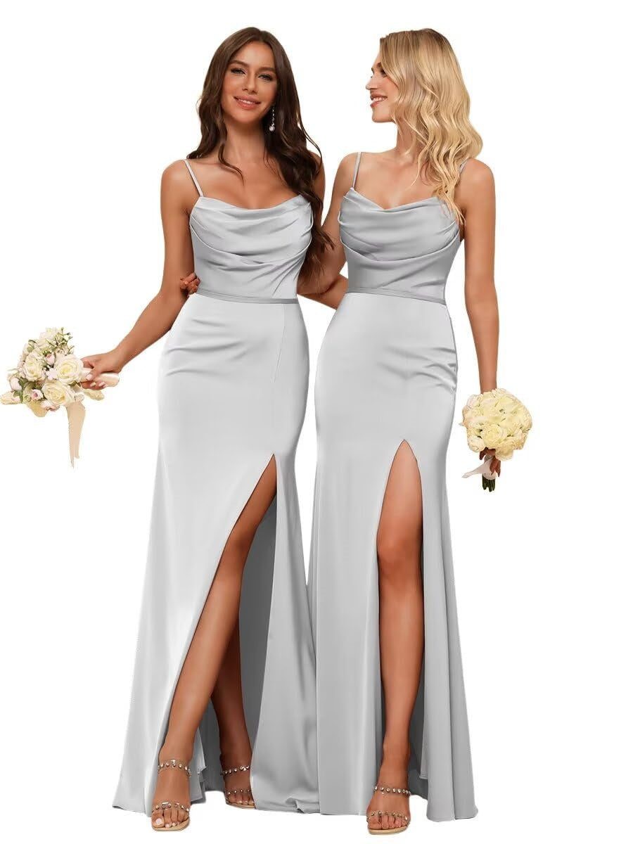 Sheath/Column Spaghetti Straps  Sleeveless Floor Length Bridesmaid Dresses Satin with Ruffles Split