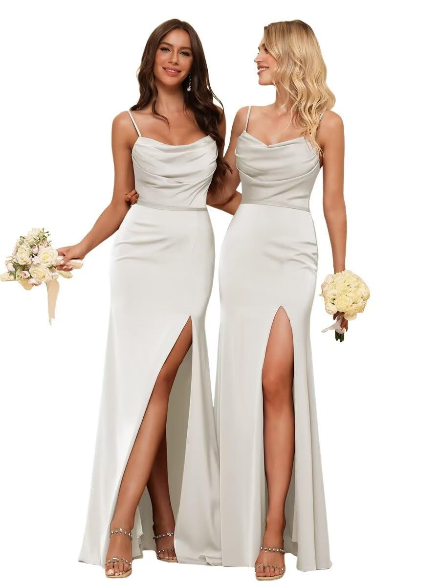 Sheath/Column Spaghetti Straps  Sleeveless Floor Length Bridesmaid Dresses Satin with Ruffles Split