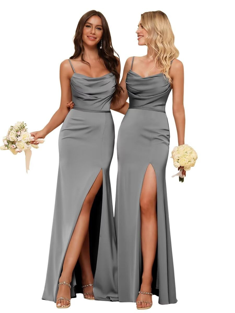 Sheath/Column Spaghetti Straps  Sleeveless Floor Length Bridesmaid Dresses Satin with Ruffles Split