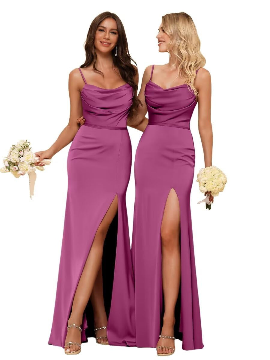 Sheath/Column Spaghetti Straps  Sleeveless Floor Length Bridesmaid Dresses Satin with Ruffles Split