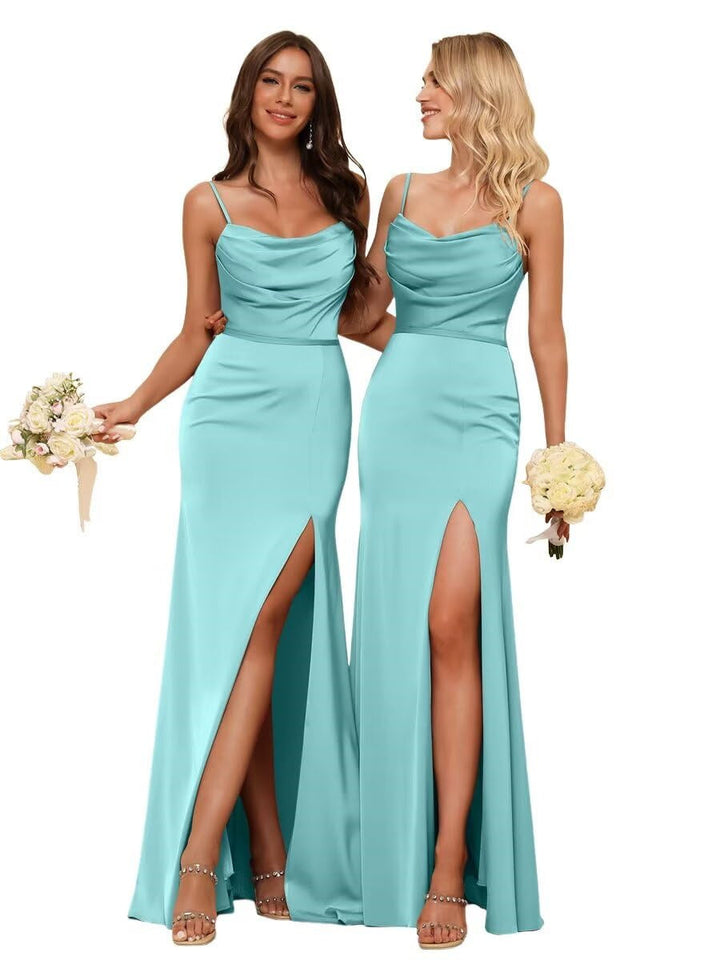 Sheath/Column Spaghetti Straps  Sleeveless Floor Length Bridesmaid Dresses Satin with Ruffles Split