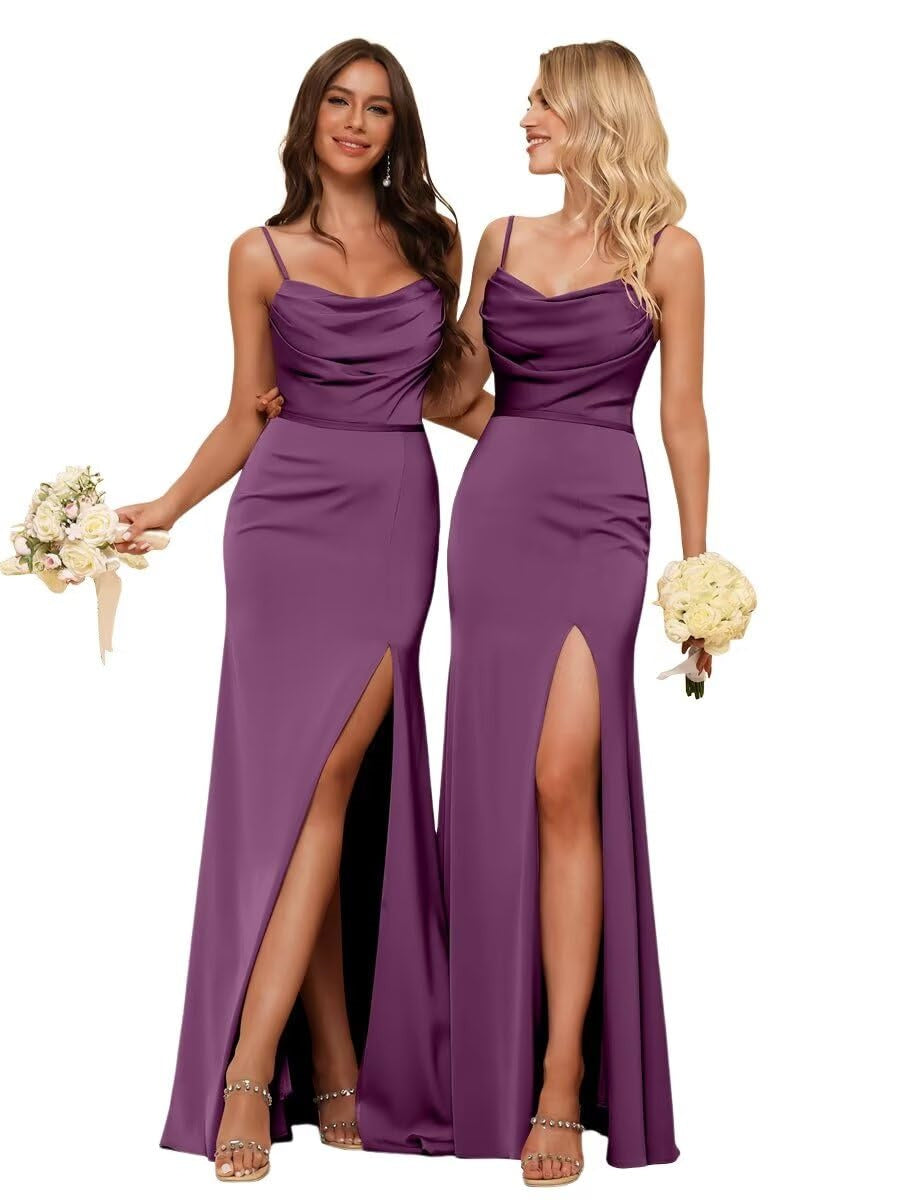 Sheath/Column Spaghetti Straps  Sleeveless Floor Length Bridesmaid Dresses Satin with Ruffles Split