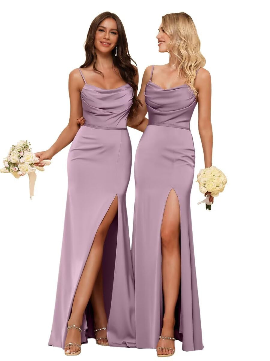 Sheath/Column Spaghetti Straps  Sleeveless Floor Length Bridesmaid Dresses Satin with Ruffles Split
