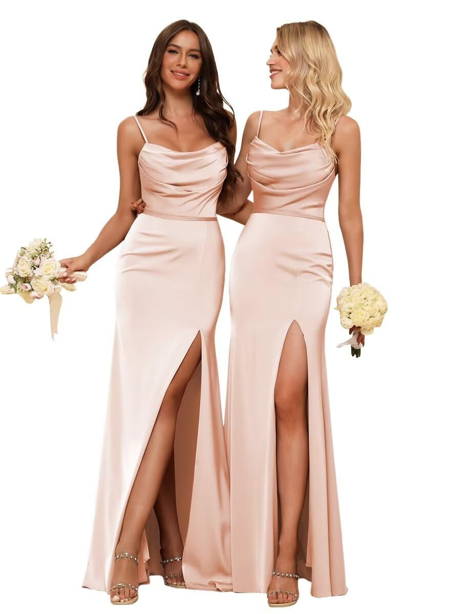 Sheath/Column Spaghetti Straps  Sleeveless Floor Length Bridesmaid Dresses Satin with Ruffles Split