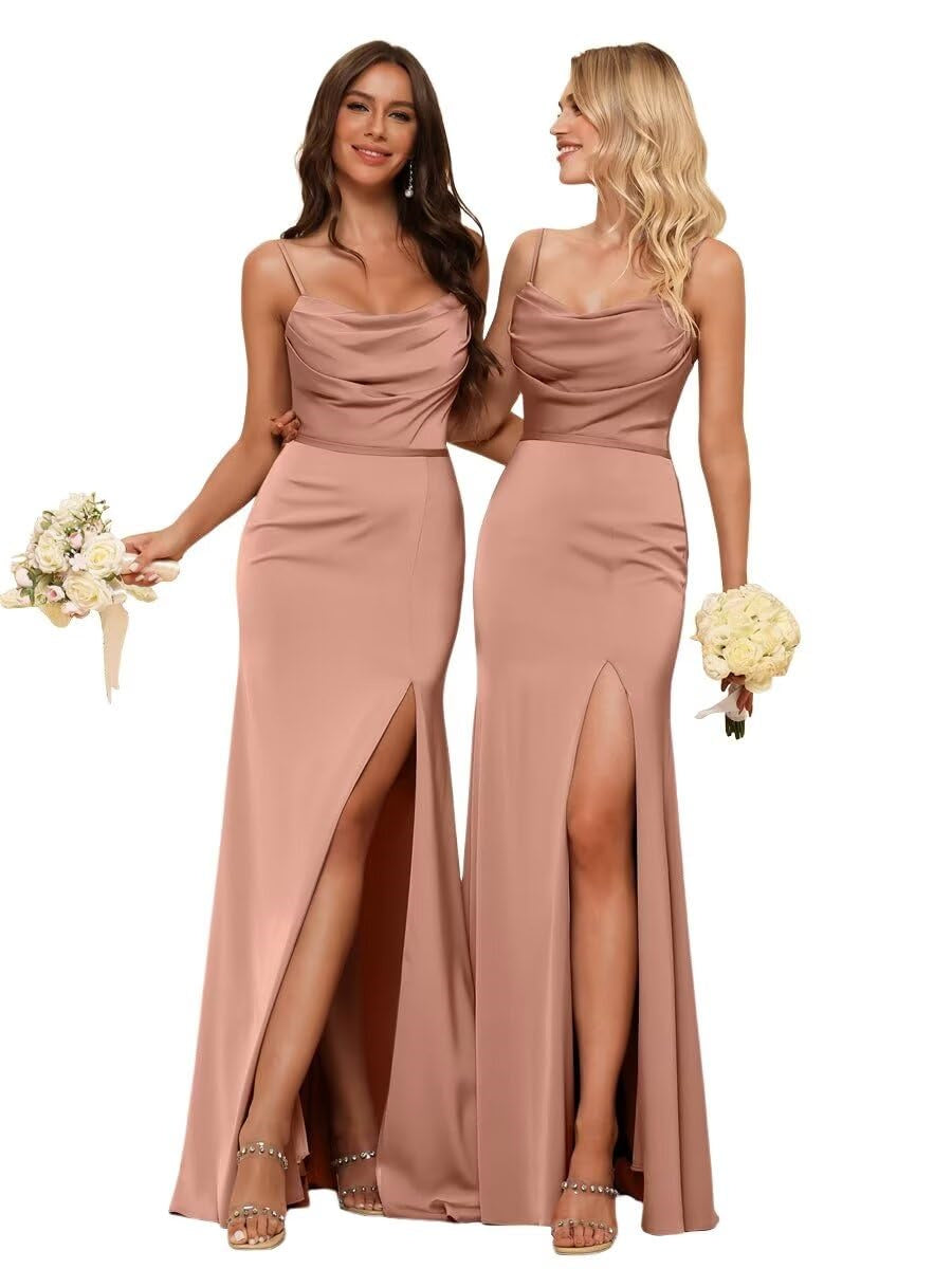 Sheath/Column Spaghetti Straps  Sleeveless Floor Length Bridesmaid Dresses Satin with Ruffles Split