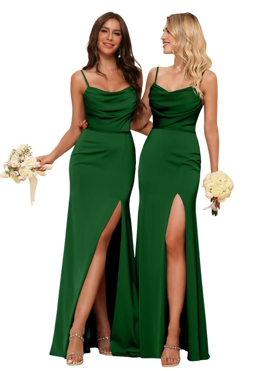 Sheath/Column Spaghetti Straps  Sleeveless Floor Length Bridesmaid Dresses Satin with Ruffles Split