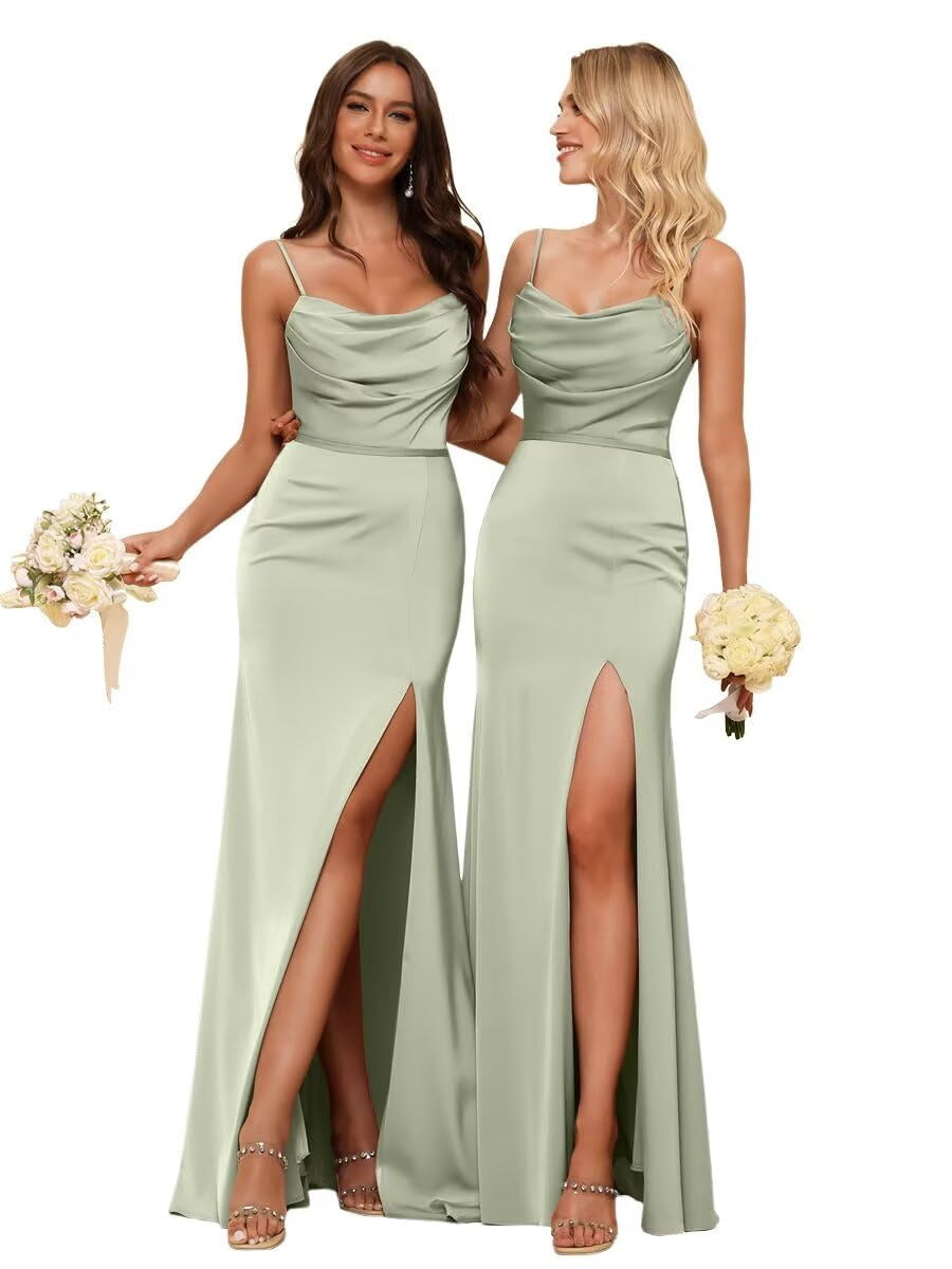 Sheath/Column Spaghetti Straps  Sleeveless Floor Length Bridesmaid Dresses Satin with Ruffles Split