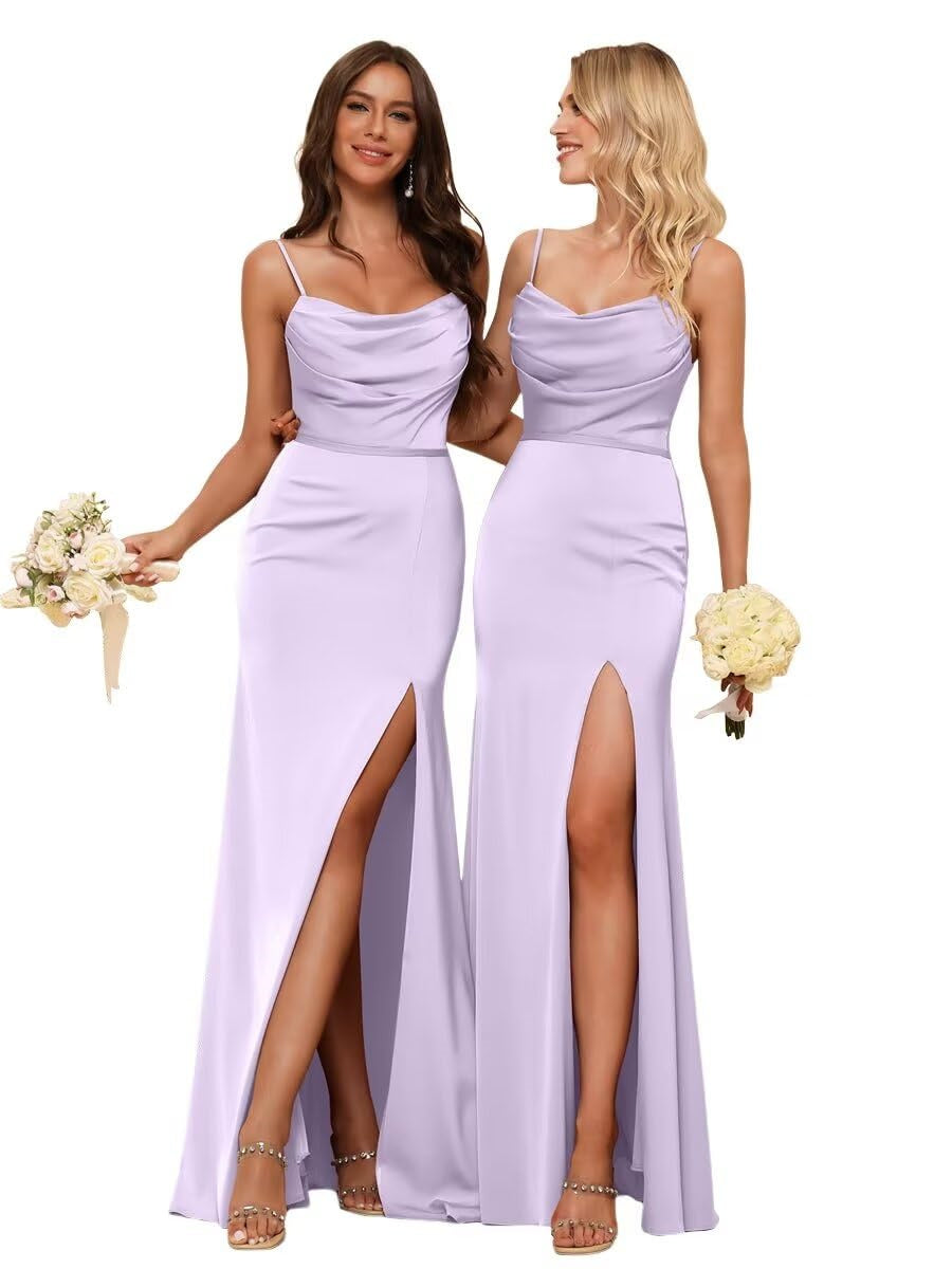 Sheath/Column Spaghetti Straps  Sleeveless Floor Length Bridesmaid Dresses Satin with Ruffles Split