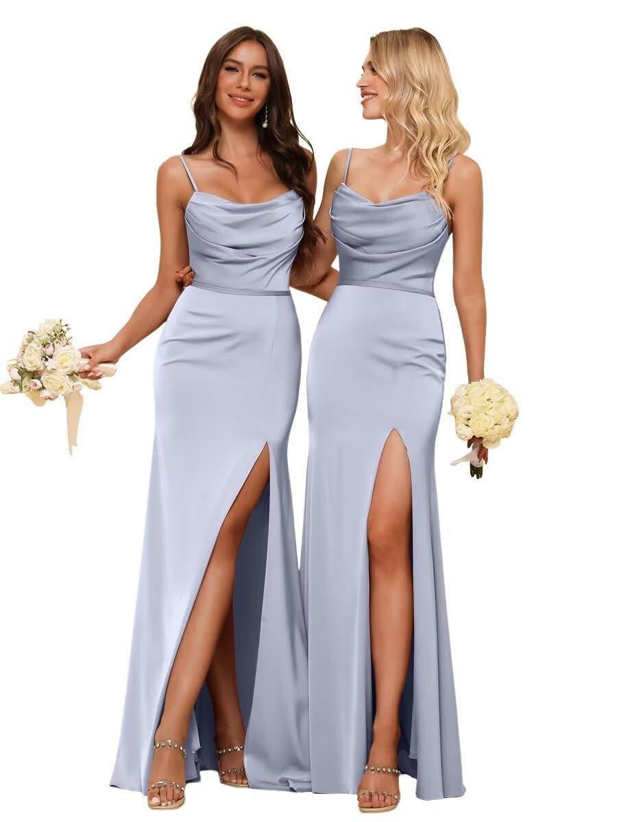 Sheath/Column Spaghetti Straps  Sleeveless Floor Length Bridesmaid Dresses Satin with Ruffles Split