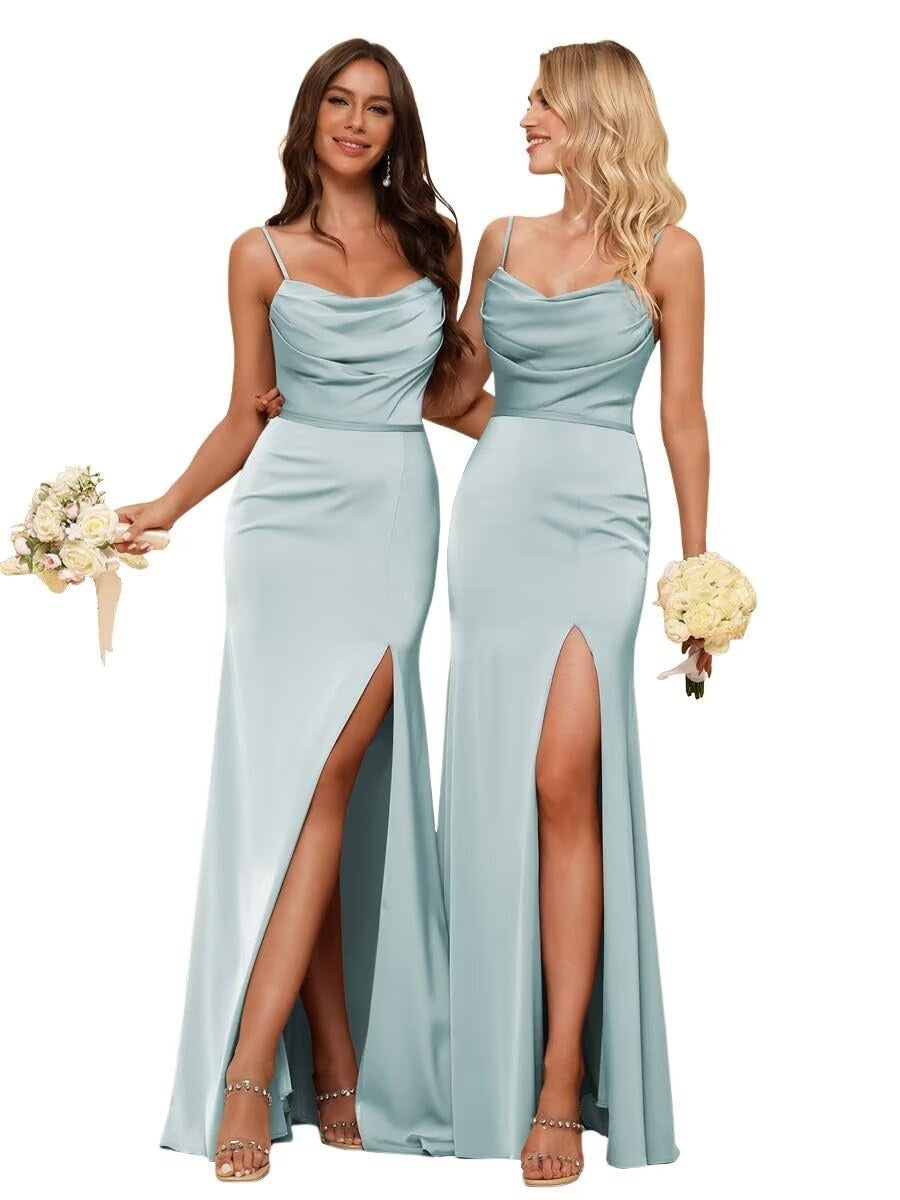 Sheath/Column Spaghetti Straps  Sleeveless Floor Length Bridesmaid Dresses Satin with Ruffles Split