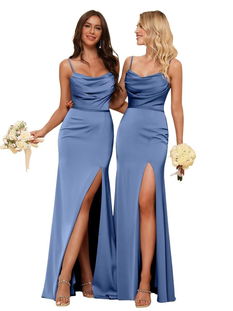 Sheath/Column Spaghetti Straps  Sleeveless Floor Length Bridesmaid Dresses Satin with Ruffles Split