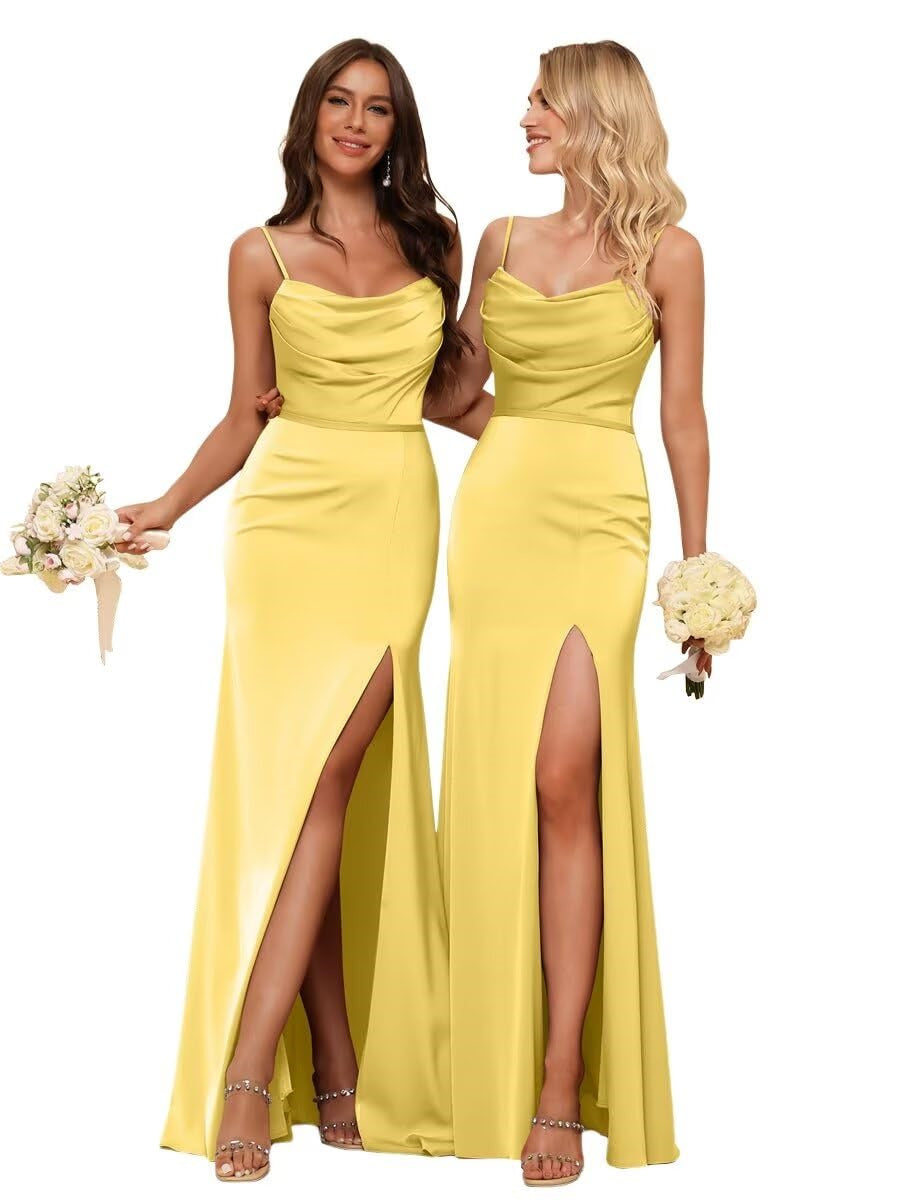 Sheath/Column Spaghetti Straps  Sleeveless Floor Length Bridesmaid Dresses Satin with Ruffles Split