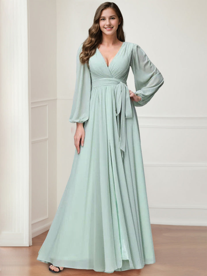 A-Line/Princess V-Neck Long Sleeves Chiffon Long Bridesmaid Dresses With Ruffles Split Side