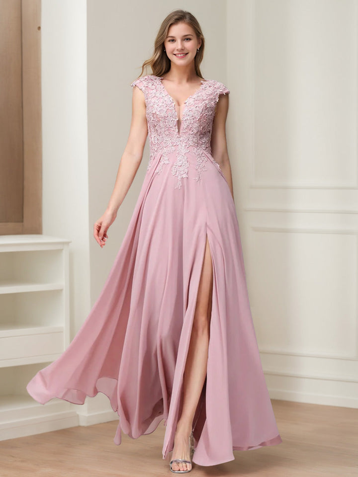 A-Line/Princess V-Neck Sleeveless Chiffon LongBridemaid Dresses With Applique Split Side