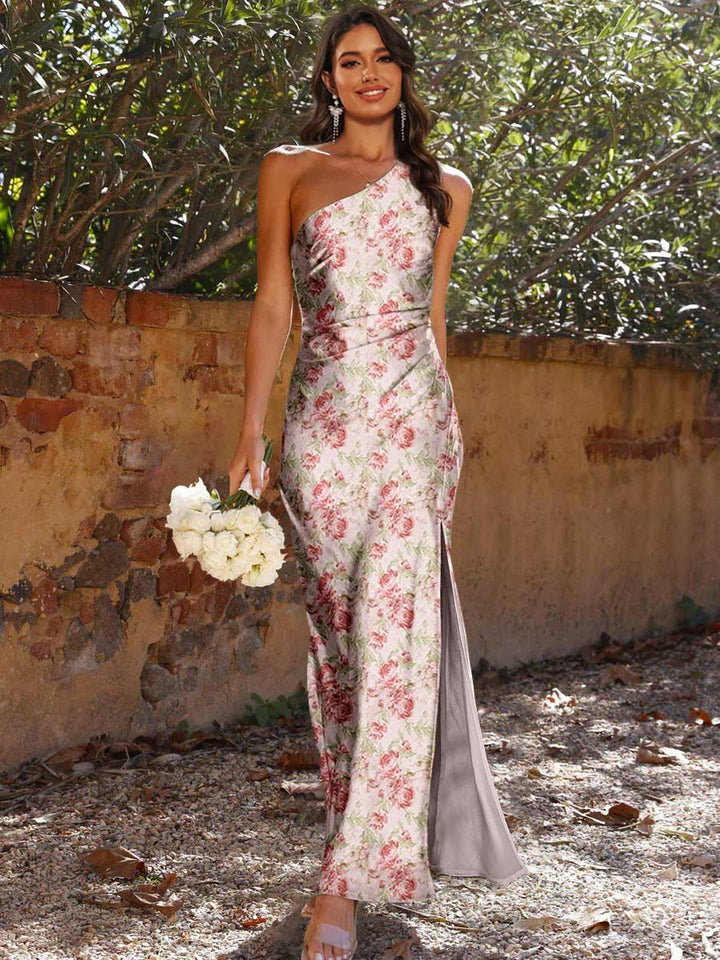 Sheath/Column One-Shoulder Sleeveless Printed Floral Ruched Bridesmaid Dresses with High Split