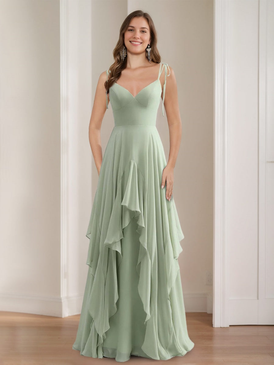 A-Line/Princess Spaghetti Straps Sleeveless Floor-Length Bridesmaid Dresses with Ruffles & Self-tie