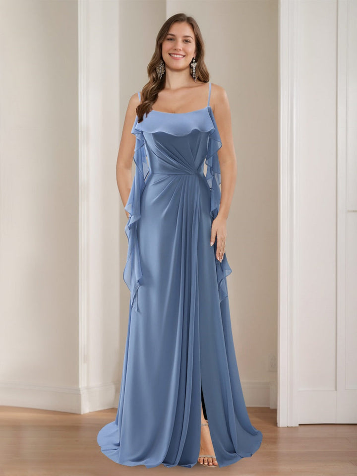 A-Line/Princess Spaghetti Straps Ruched Bridesmaid Dresses with Side Slit & Ruffles