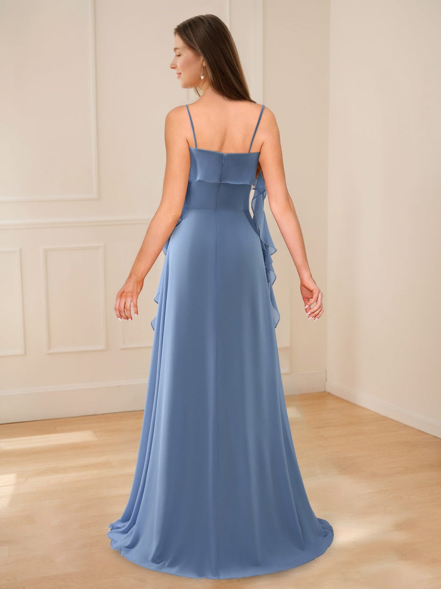 A-Line/Princess Spaghetti Straps Ruched Bridesmaid Dresses with Side Slit & Ruffles