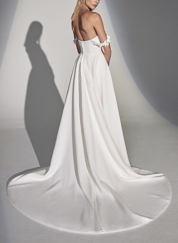 A-Line/Princess Off-The-Shoulder Pleated Wedding Dresses with Appliques & Buttons & Side Slit