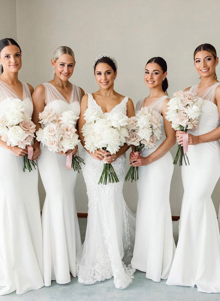 Trumpet/Mermaid V-Neck Sleeveless Sweep Train Ruched Bridesmaid Dresses with Sash